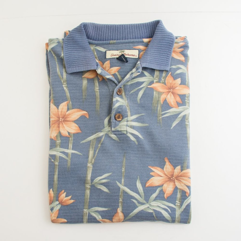 Tommy Bahama Blue Bamboo Print Polo Silk Cotton Blend